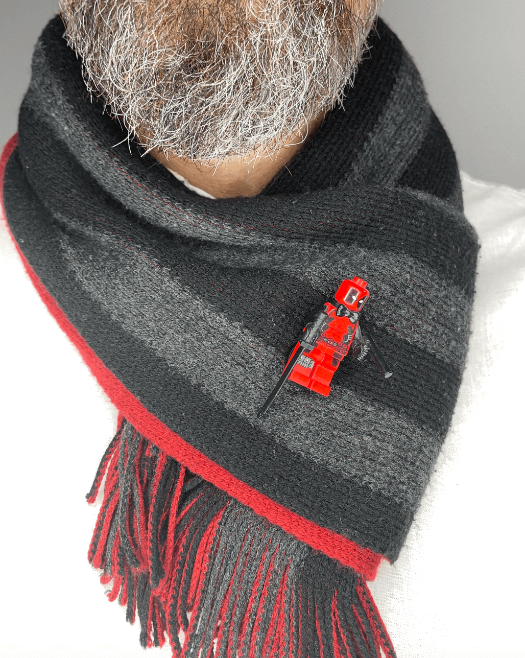 Wear Your Bricks Dead Super Hero Minifigure Pin Badge From LEGO Bricks On Scarf LEGO Fashion