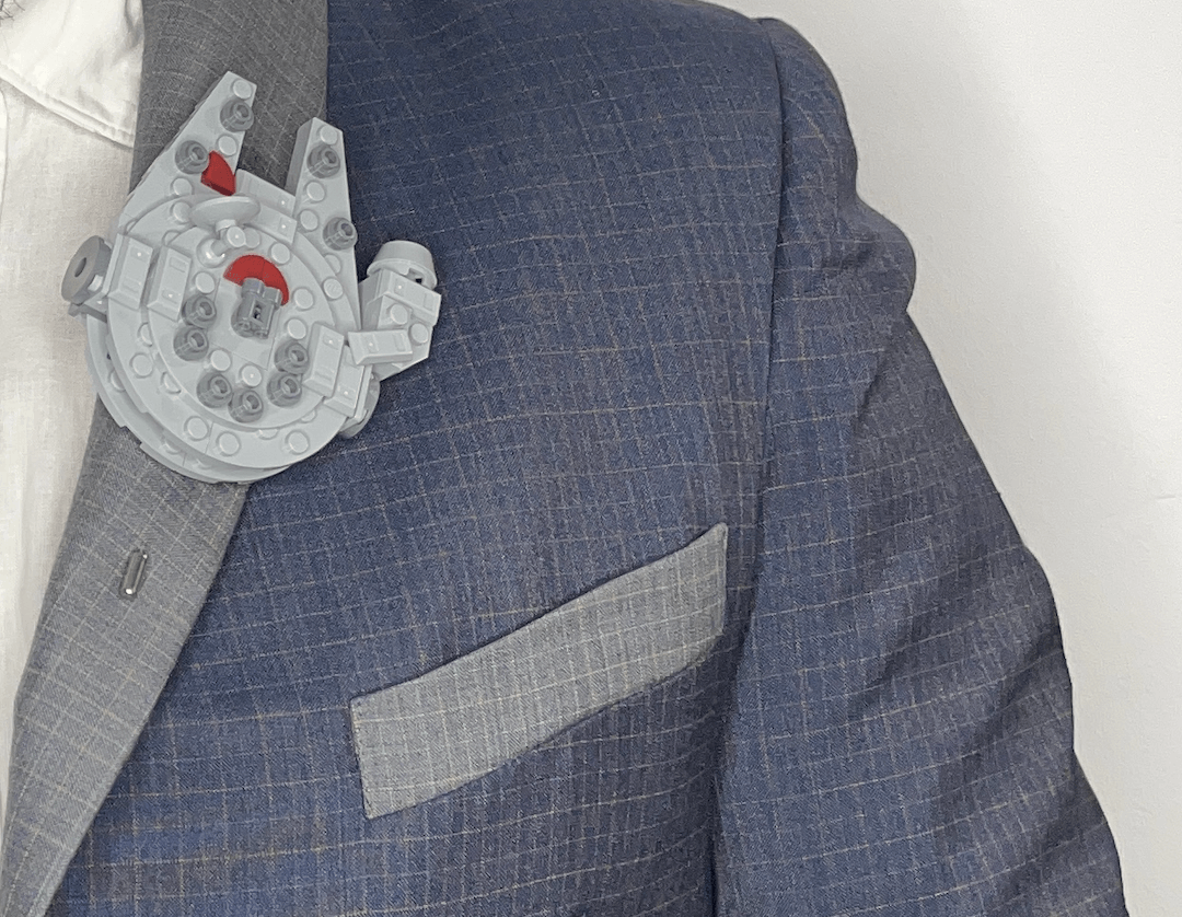 Wear Your Bricks Millenium Falcon Lapel Pin From LEGO Bricks On Suit Jacket LEGO Fashion