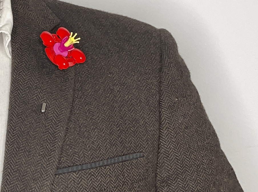 Wear Your Bricks Red Floral Lapel Pin From LEGO Bricks On Suit Jacket LEGO Fashion