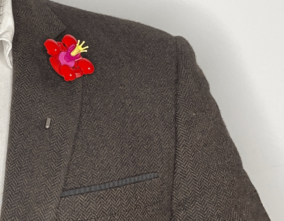 Wear Your Bricks Red Floral Lapel Pin From LEGO Bricks On Suit Jacket LEGO Fashion
